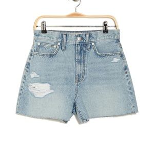 Madewell the Momjean ripped high waisted shorts.